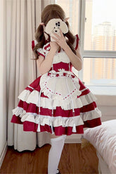 赤/白ラブ ダブルレイヤー フリル 蝶結び スイート プラスサイズ 中国風 ロリータ ドレス フルセット